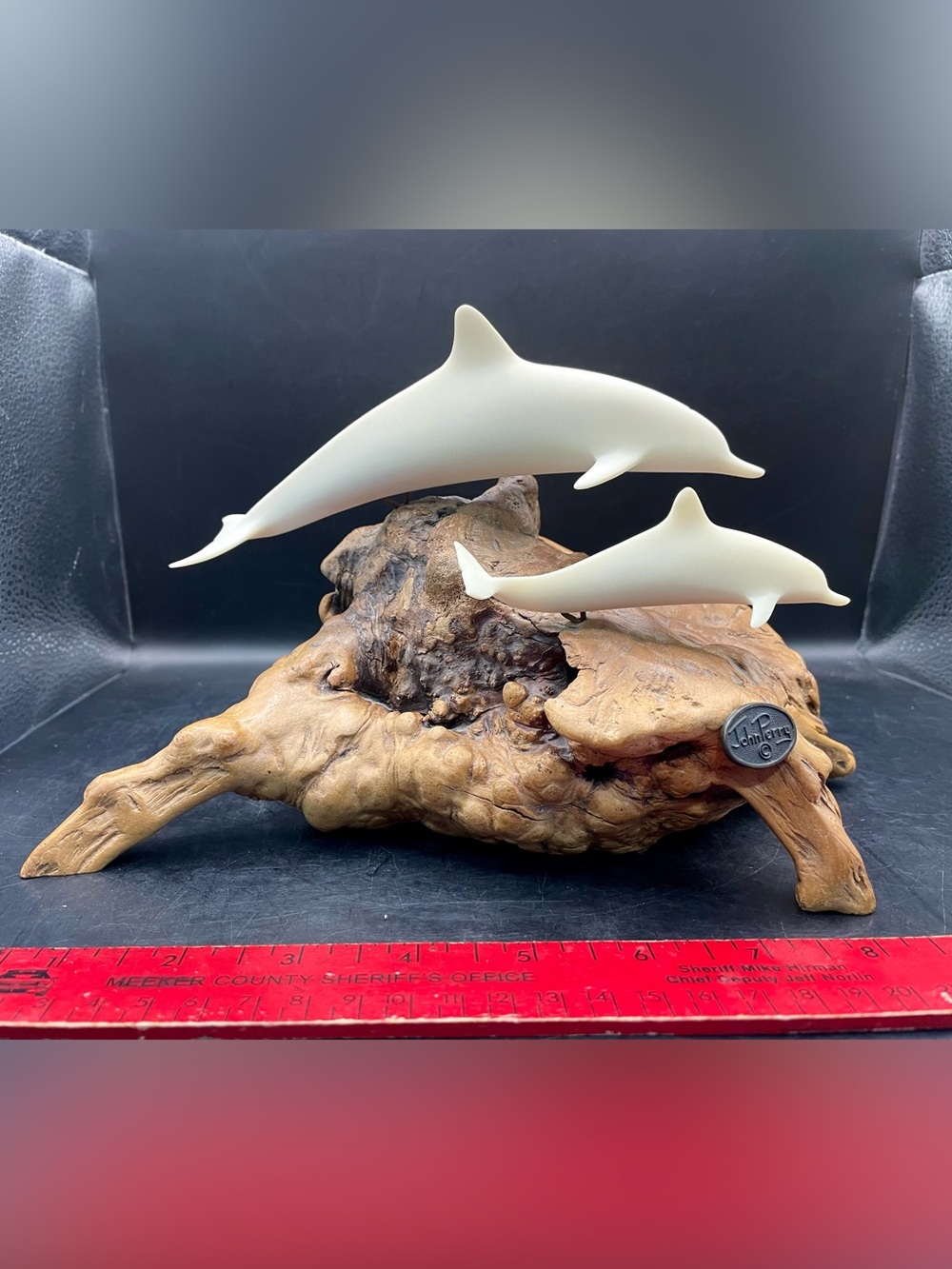 Vintage John Perry Dolphin with Calf Burlwood Art Sculpture Large
